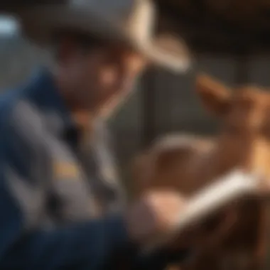 Rancher studying a guidebook on animal care