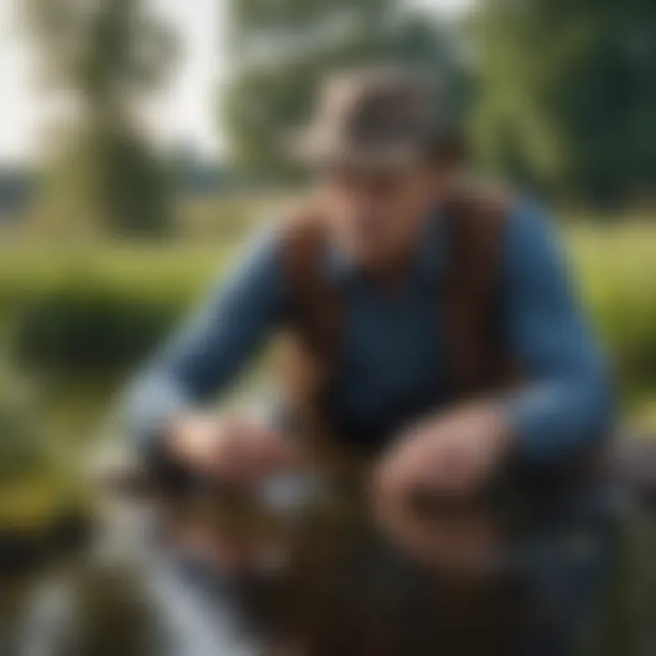 A farmer inspecting water quality with a testing kit by the pond's edge