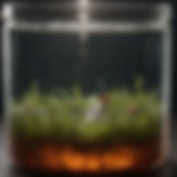 Close-up of pond water sample in a clear container showing clarity and color variations