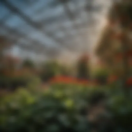 An HPS grow light illuminating a greenhouse filled with various plants