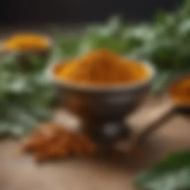 Curcumin powder in a traditional bowl surrounded by turmeric leaves