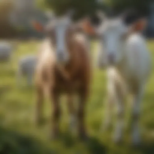 Close-up view of goat grazing on lush pasture