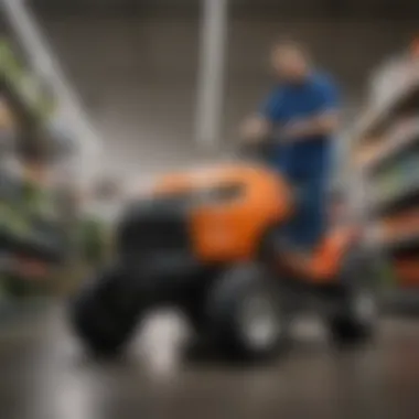 Customer Satisfaction with Lawn Mower Purchase A satisfied customer examining a lawn mower in a retail store