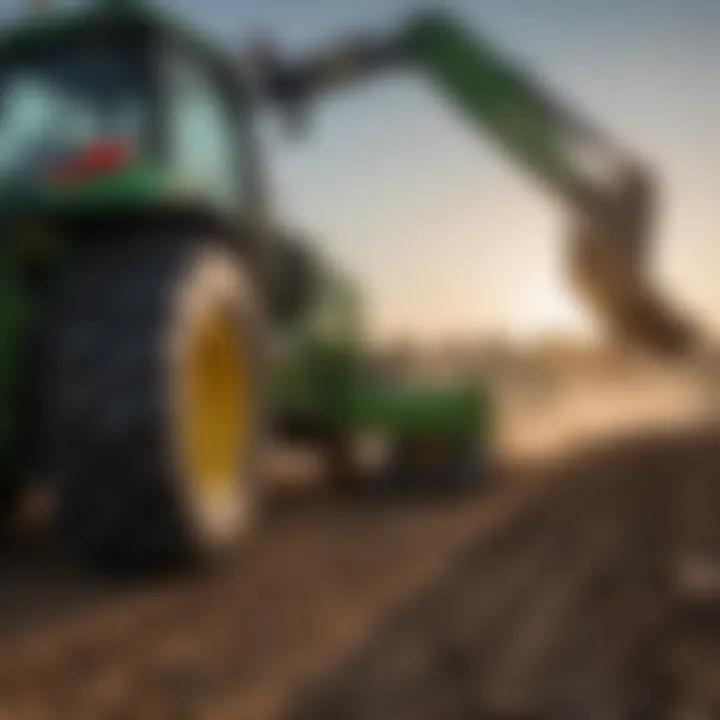 Close-up view of backhoe attachment on John Deere tractor