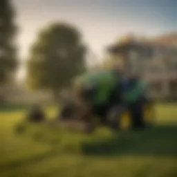 A John Deere lawn sweeper in action, efficiently collecting leaves and debris from a garden.