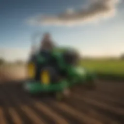 John Deere riding lawn mower tiller in action on a farm field