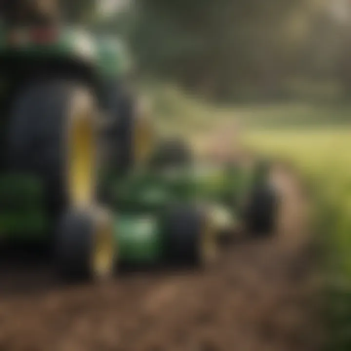Close-up of the tilling mechanism on a John Deere mower