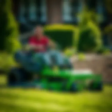 Efficient User Operation of Lazer Zero Turn Mower User operating Lazer Zero Turn mower in landscaped area