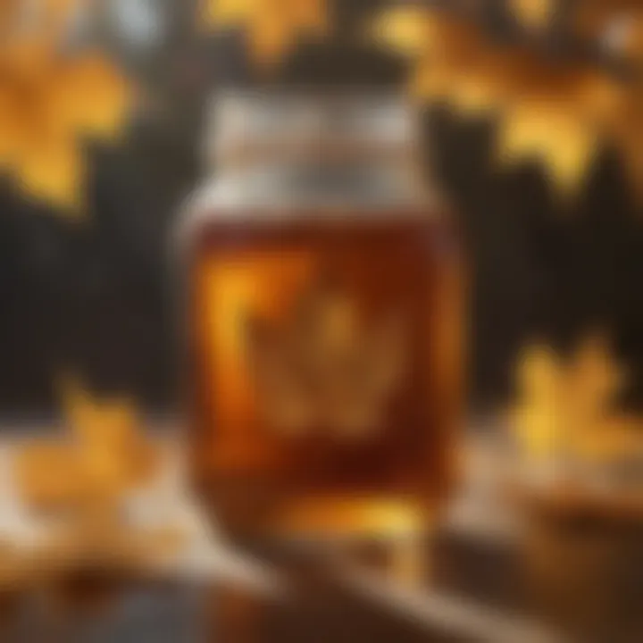 Golden maple syrup in a glass jar reflecting sunlight