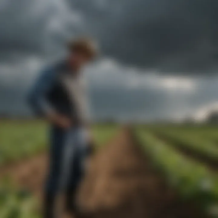 A farmer inspecting crops, focusing on the impact of weather on agricultural practices