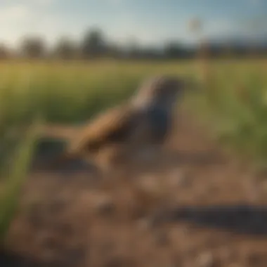 A predatory bird hunting for grasshoppers in a field