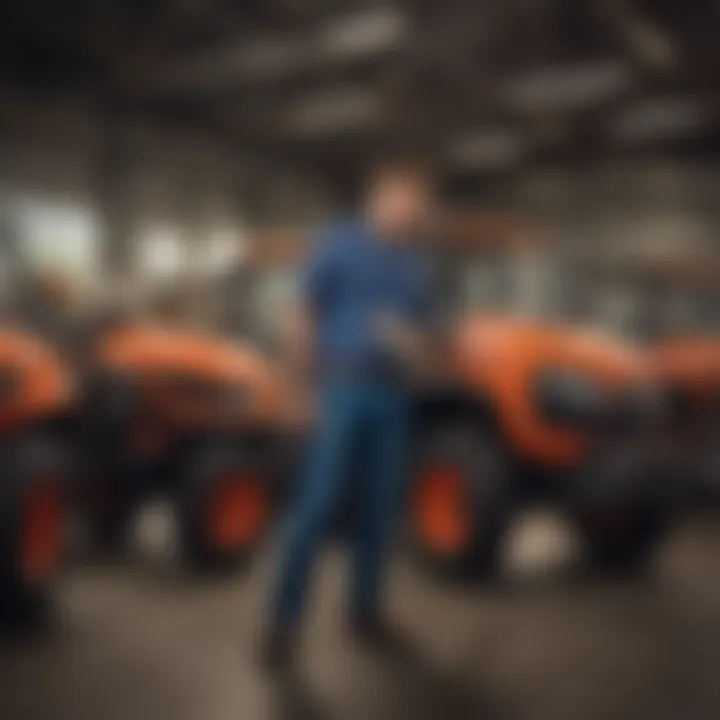 A knowledgeable staff member assisting a customer at a Kubota dealership.