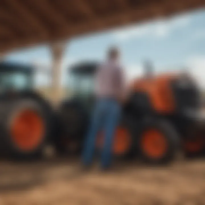 A farmer reviewing financing options with a dealership representative.