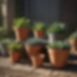 Diverse range of plastic pots in a garden setting