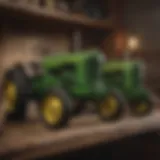 A pristine collection of vintage John Deere tractors displayed on a wooden shelf