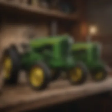 A pristine collection of vintage John Deere tractors displayed on a wooden shelf