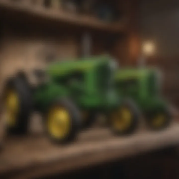 A pristine collection of vintage John Deere tractors displayed on a wooden shelf