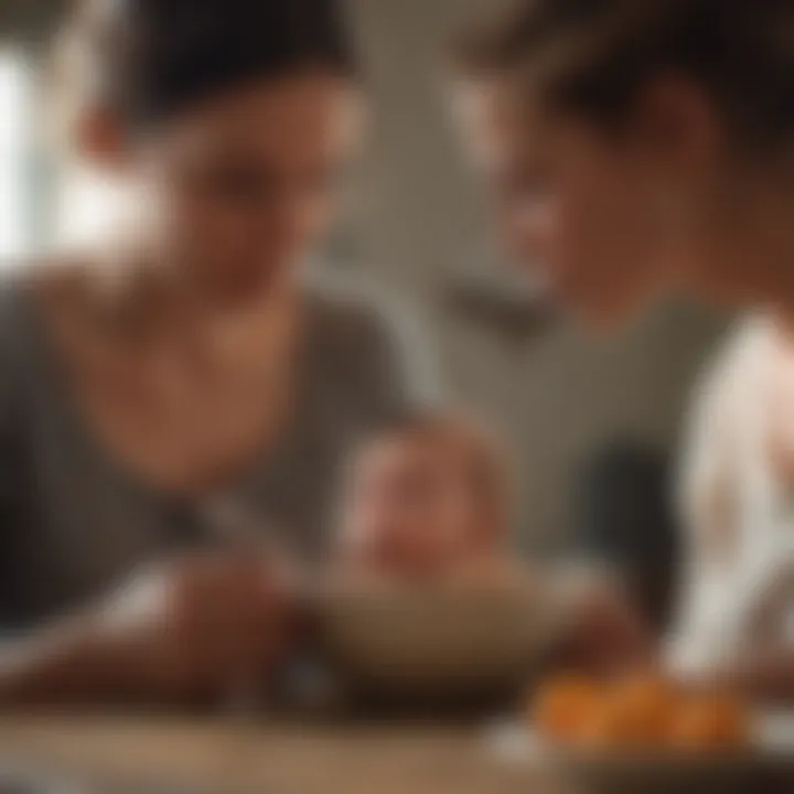 A nurturing mother feeding her six-month-old with a spoon