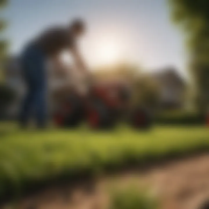 A gardener applying fertilizer to the lawn