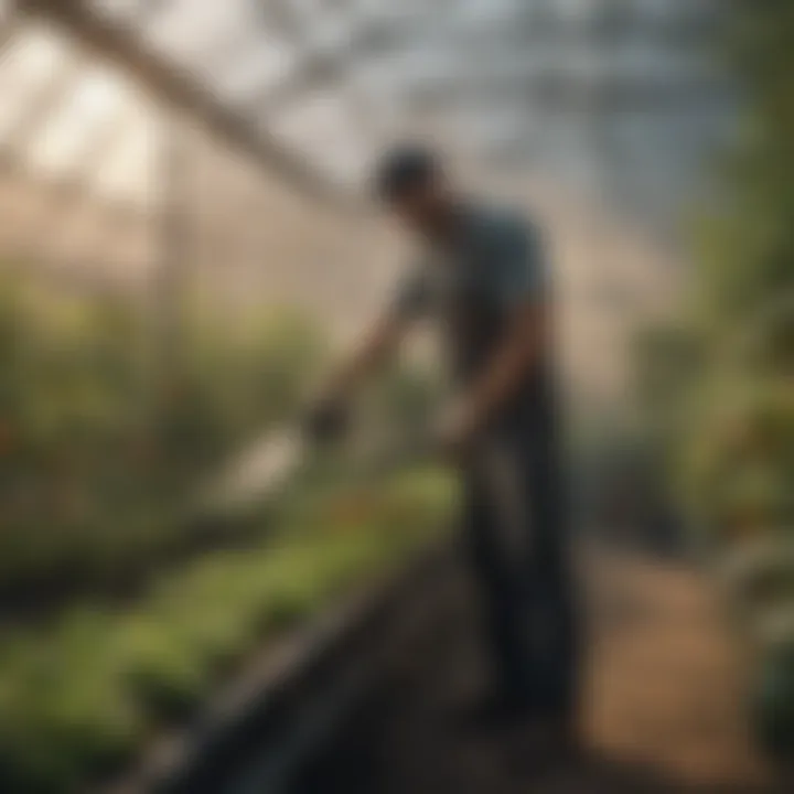 A gardener performing maintenance on a greenhouse heating system.