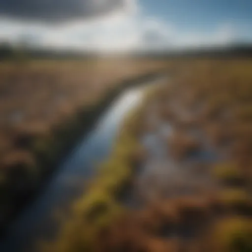Vast peat moss bog under clear blue sky