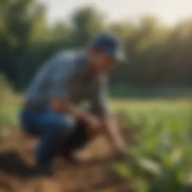 A farmer inspecting crops for pest damage