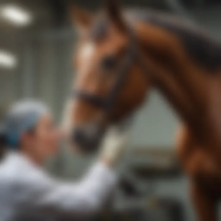 Veterinarian administering Polyglycan to a horse in a clinical setting.
