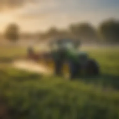 A farmer applying weed killer in a field using a sprayer, demonstrating proper technique.