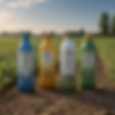 A variety of post-emergent herbicides displayed in a row, highlighting their different formulations.