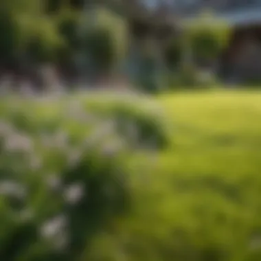 Lush green lawn with early spring flowers blooming