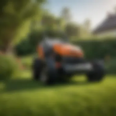 Elegant Manual Push Lawn Mower in a Lush Garden A sleek design of a manual push lawn mower in a vibrant garden