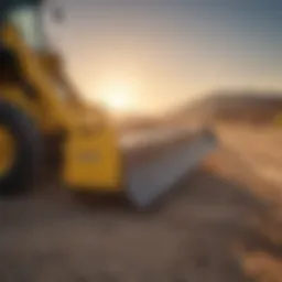A close-up view of a road grader blade attachment in use on a construction site.