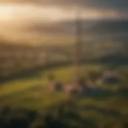 A scenic view of a rural landscape with a communication tower.