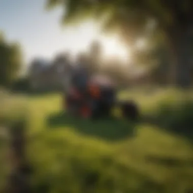 A serene landscape being mowed using a push lawn mower