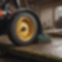 Close-up of a professional mower blade sharpener in action