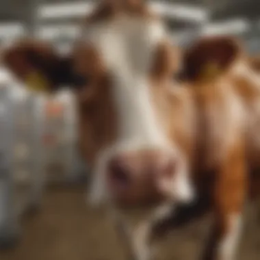 A pristine dairy cow showcasing the effects of whitening shampoo during a livestock exhibition