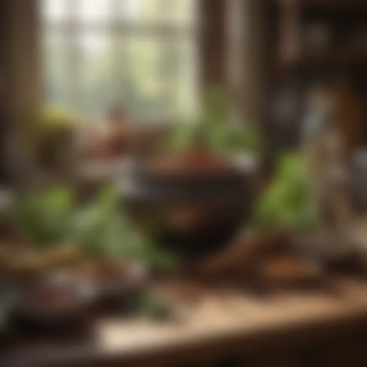 A cozy kitchen setting featuring herbs and spices ready for meal enhancement.