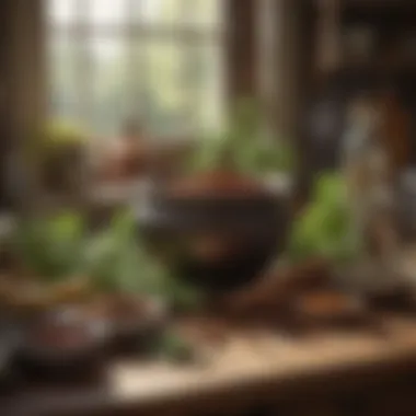 Herbs and Spices for Flavor A cozy kitchen setting featuring herbs and spices ready for meal enhancement.