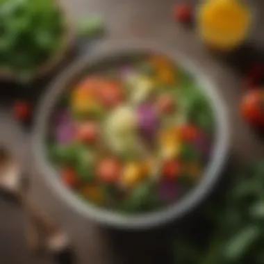 Vibrant Salad Bowl A vibrant salad bowl filled with fresh greens, colorful vegetables, and a drizzle of dressing.