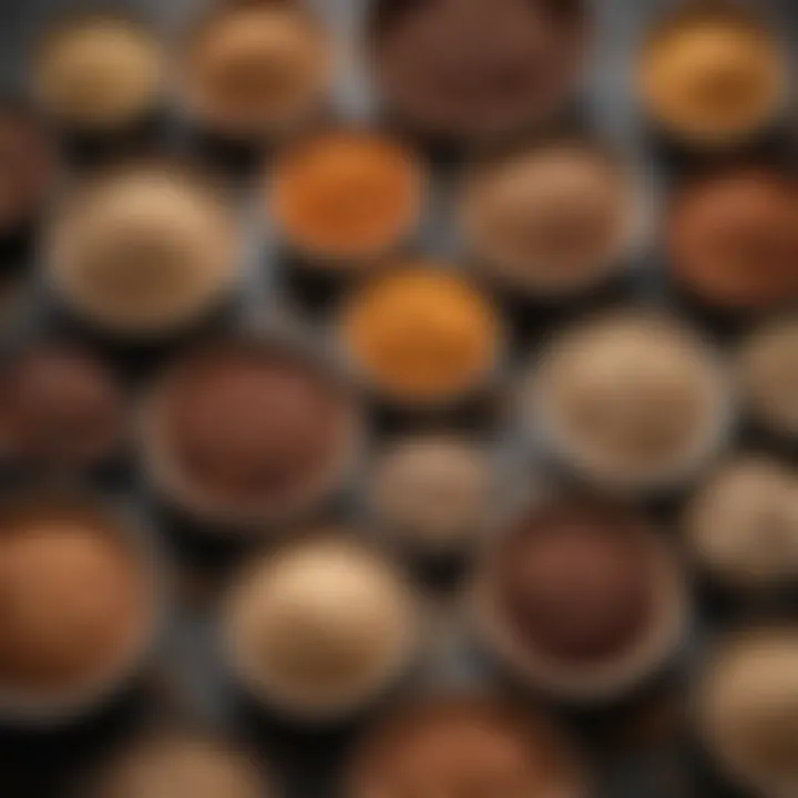 An assortment of whole grains and legumes displayed in decorative bowls, emphasizing nutrition.