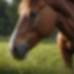 A close-up of a healthy horse grazing on lush grass