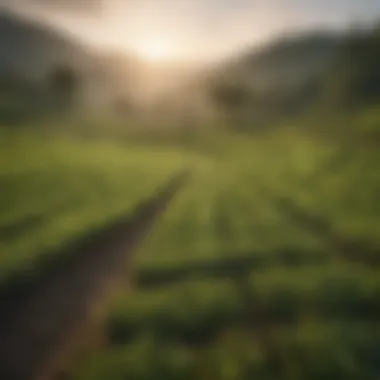 Lush green tea fields in early morning light