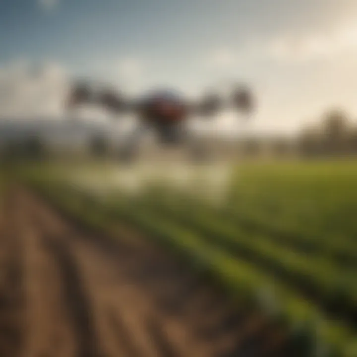 Innovative agricultural technology in use, such as drones monitoring crops