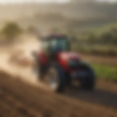 Farm Efficiency with Modern Tractors A farmer using a tractor in a field, highlighting efficiency