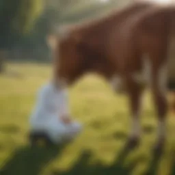 A veterinarian examining a cow in a pasture, ensuring its health and well-being.