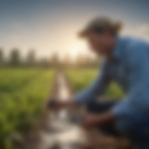 A farmer assessing irrigation systems with flow meters