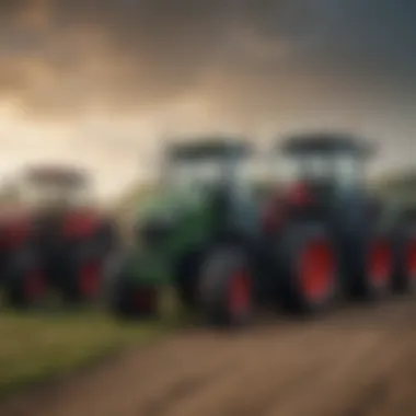 Different types of tractors arranged for comparison