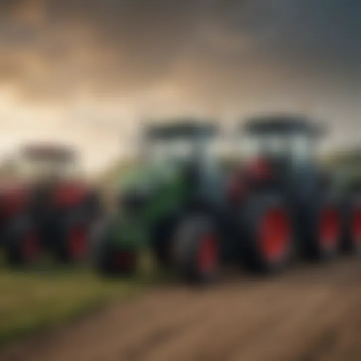 Different types of tractors arranged for comparison