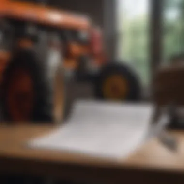 Close-up of tractor rental agreement documents on a wooden table