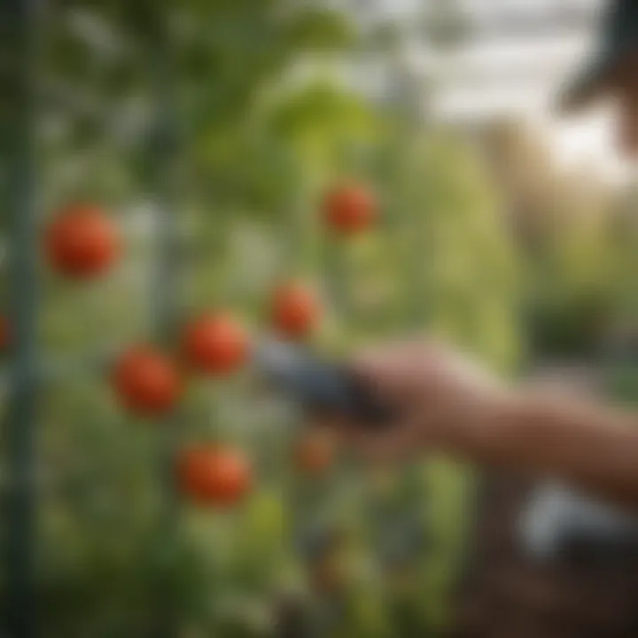 A gardener demonstrating the application of trellis clips on a growing tomato plant